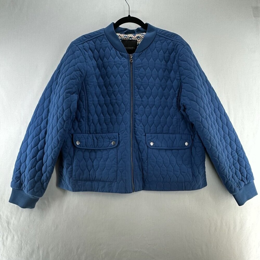 Talbots Quilted Bomber Jacket Womens XL Full Zip Pattern Lined Snap Pockets Blue - Picture 2 of 12